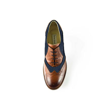 Load image into Gallery viewer, Cross Sword mens high heel Jav shoe in Mahogany & Blue Suede  from the top
