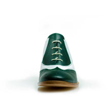 Load image into Gallery viewer, Cross Sword mens high heel Jav shoe in Green &amp; White from the front
