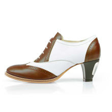 Load image into Gallery viewer, Cross Sword mens high heel Jav shoe in Mahogany &amp; White from the side
