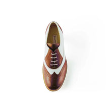 Load image into Gallery viewer, Cross Sword mens high heel Jav shoe in Mahogany &amp; White from the top
